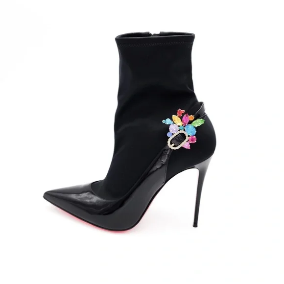 Christian Louboutin Jessie Joli Crystal Satin Black Patent Leather Bootie EU 37 - Picture 3 of 10